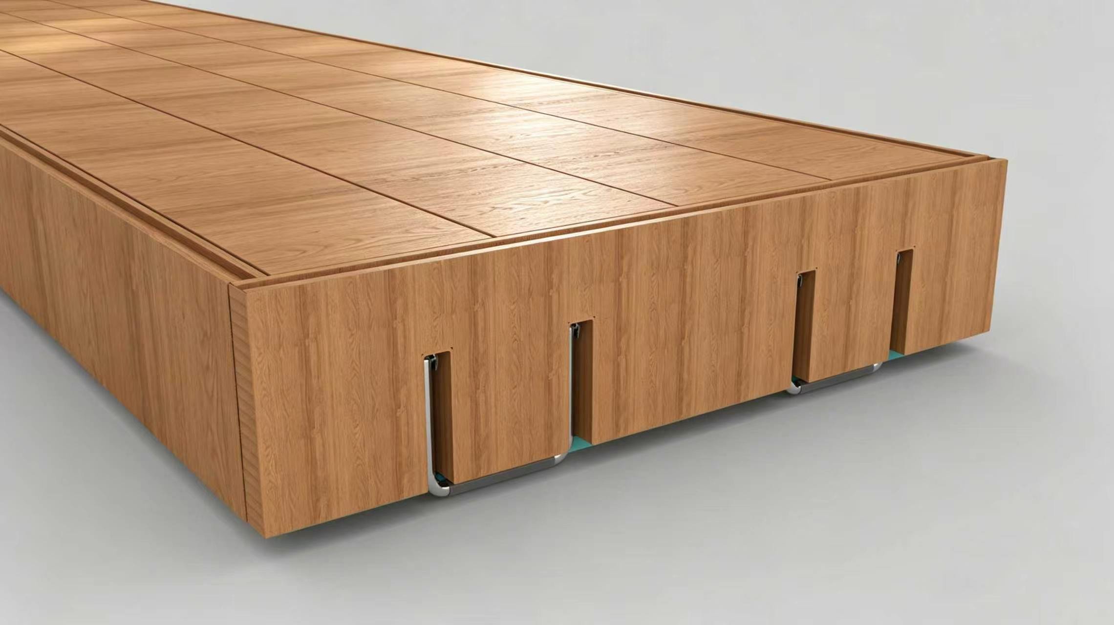 A modern wooden bench with sliding panels and metal legs on casters.