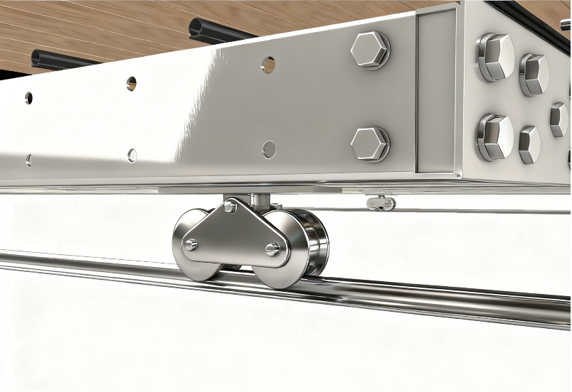 Close-up of a metal sliding door track with roller wheel and hardware.