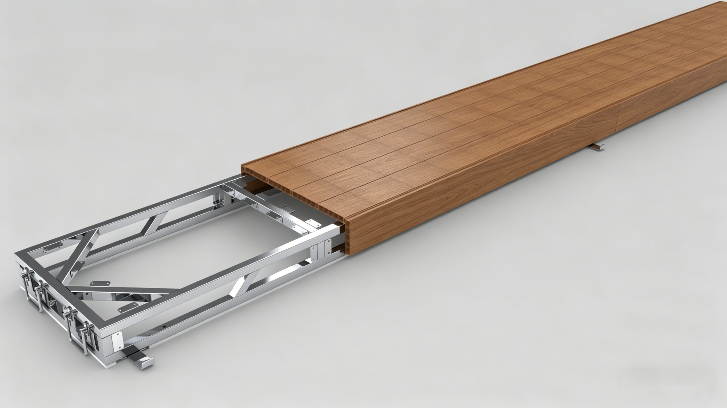 A mechanical platform with a wooden board on top, used for stage or event setups, with a metal frame and adjustable support legs.