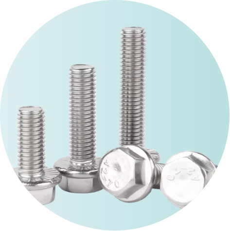 Close-up of several metal bolts arranged with their heads at the bottom and threaded shafts extending upward, showing varying heights on a light blue background.