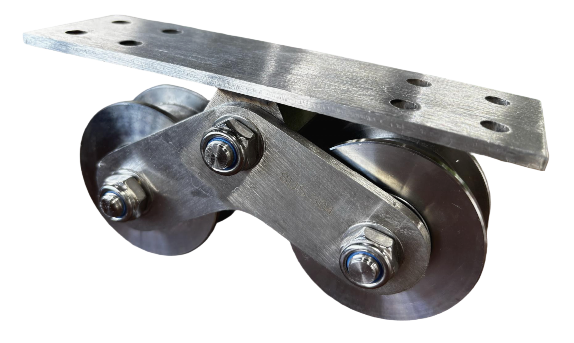 Steel caster wheel attached to a metal plate for mounting.