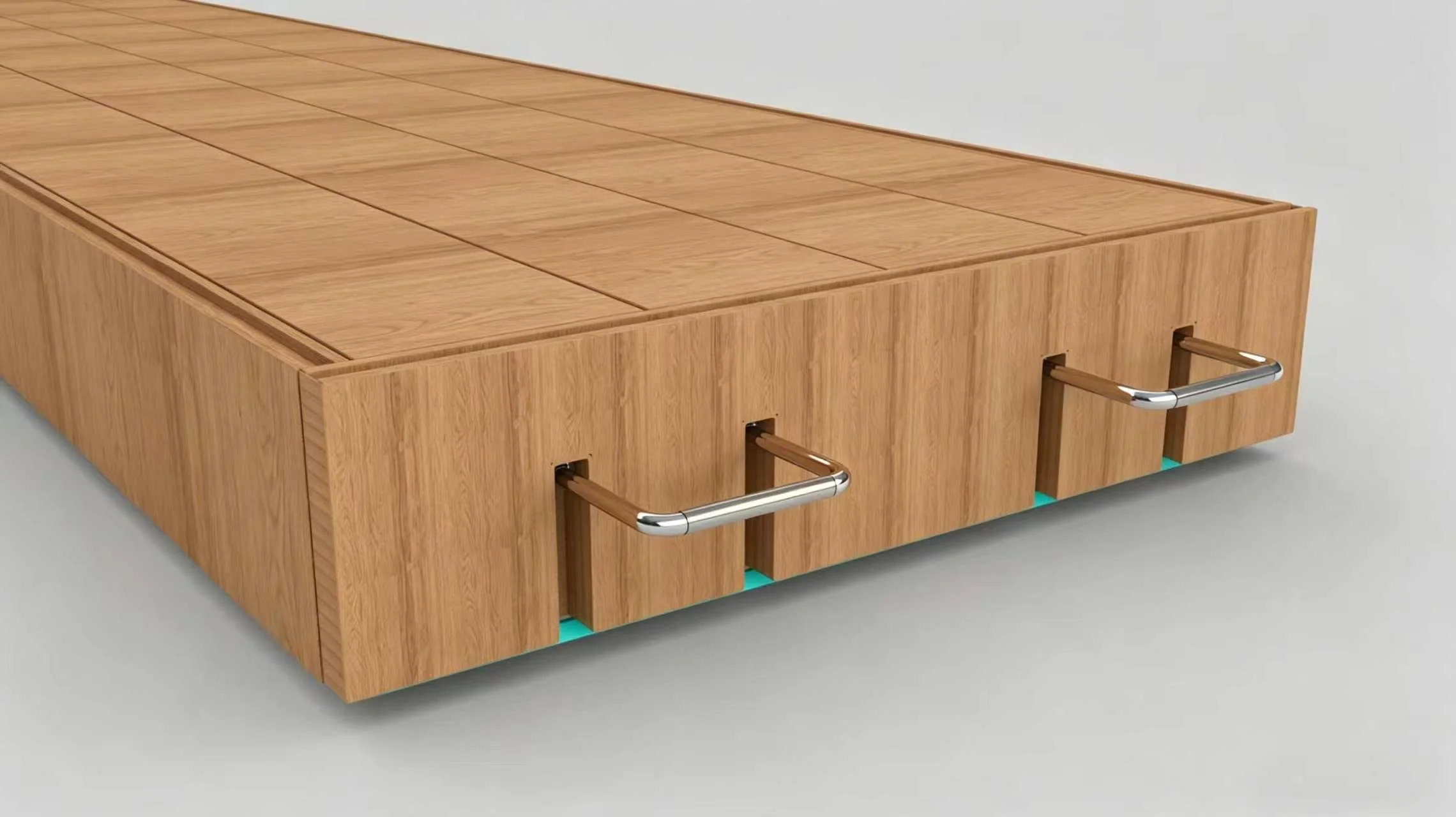 A modern wooden low-profile platform bed frame with metal handles on the sides, set against a plain white background.