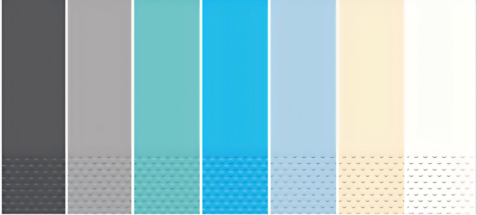 A row of seven paint sample swatches in shades of gray, teal, blue, cream, and white, each with a perforated textured section at the bottom.