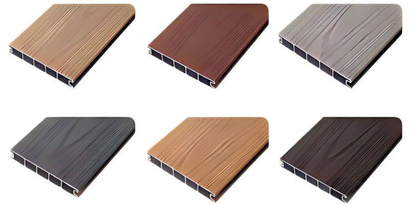Six cabinet or drawer handles in various wood finishes and colors, arranged in two rows of three.