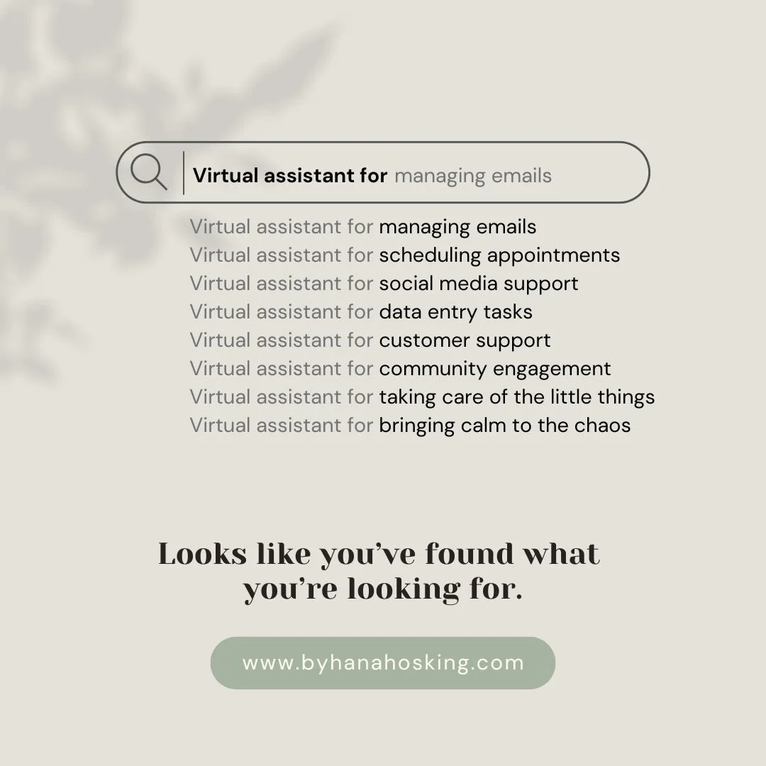 Be honest, how many times have you Googled &lsquo;virtual assistant for &hellip;&rsquo; recently? 🔎

Running a business shouldn&rsquo;t feel this overwhelming. 

I help take care of the behind the scenes so you can focus on what actually matters. 

