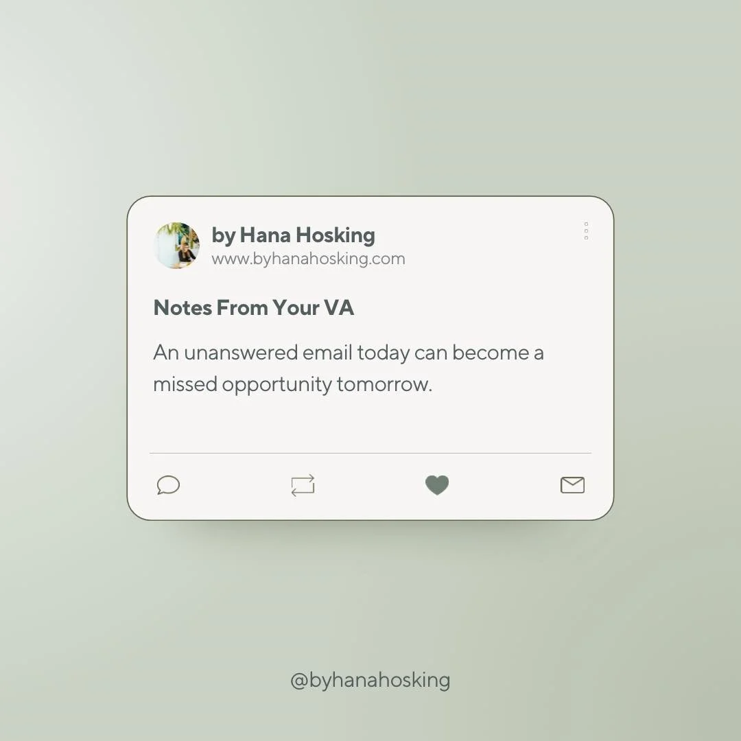 Notes From Your VA ✨

An unanswered email today can become a missed opportunity tomorrow. 

Behind every organised business is consistent communication, timely responses and systems that keep things moving smoothly. 

When your inbox starts feeling o