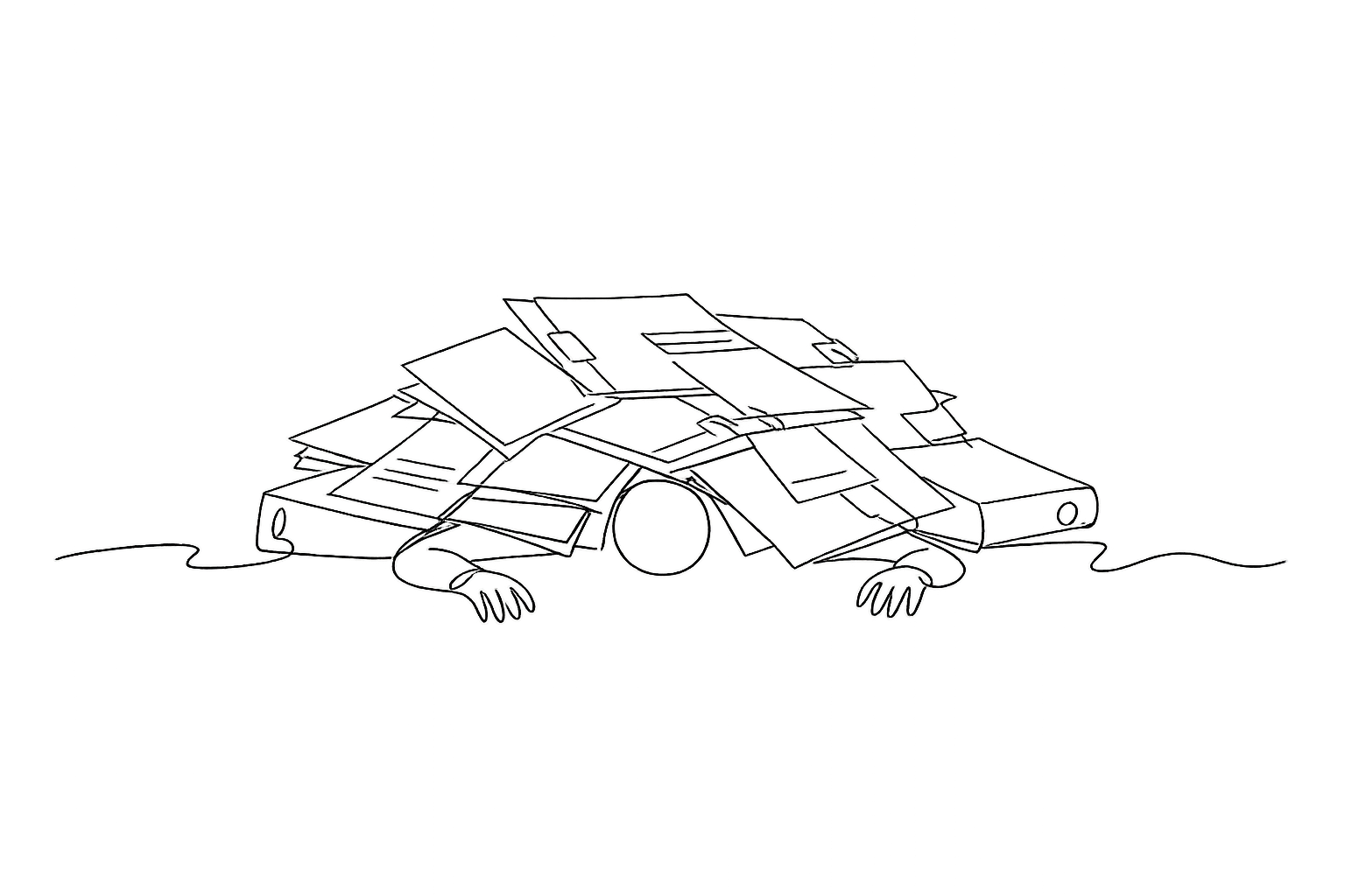 line art drawing of man drowning in paperwork