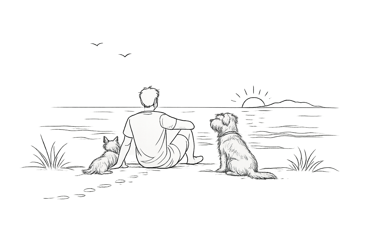 man with dogs at the beach line drawing