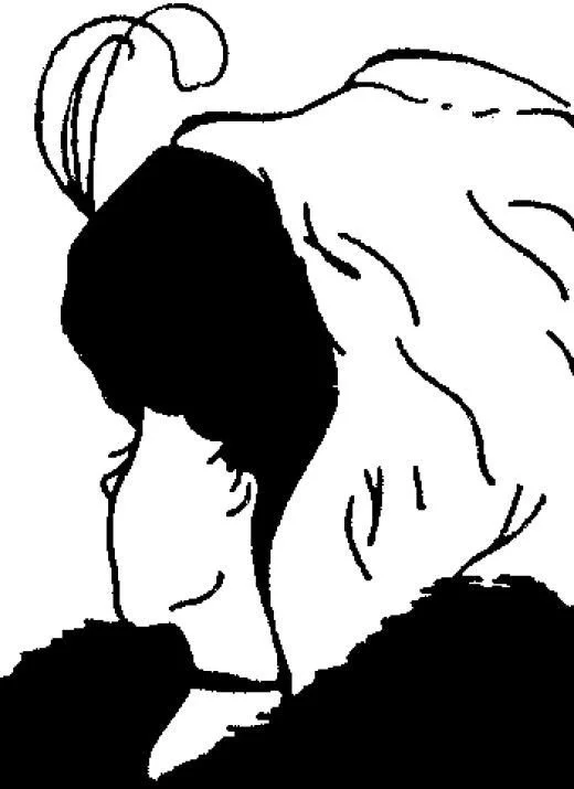 A line drawing of a woman with her head resting on her hand, facing away.