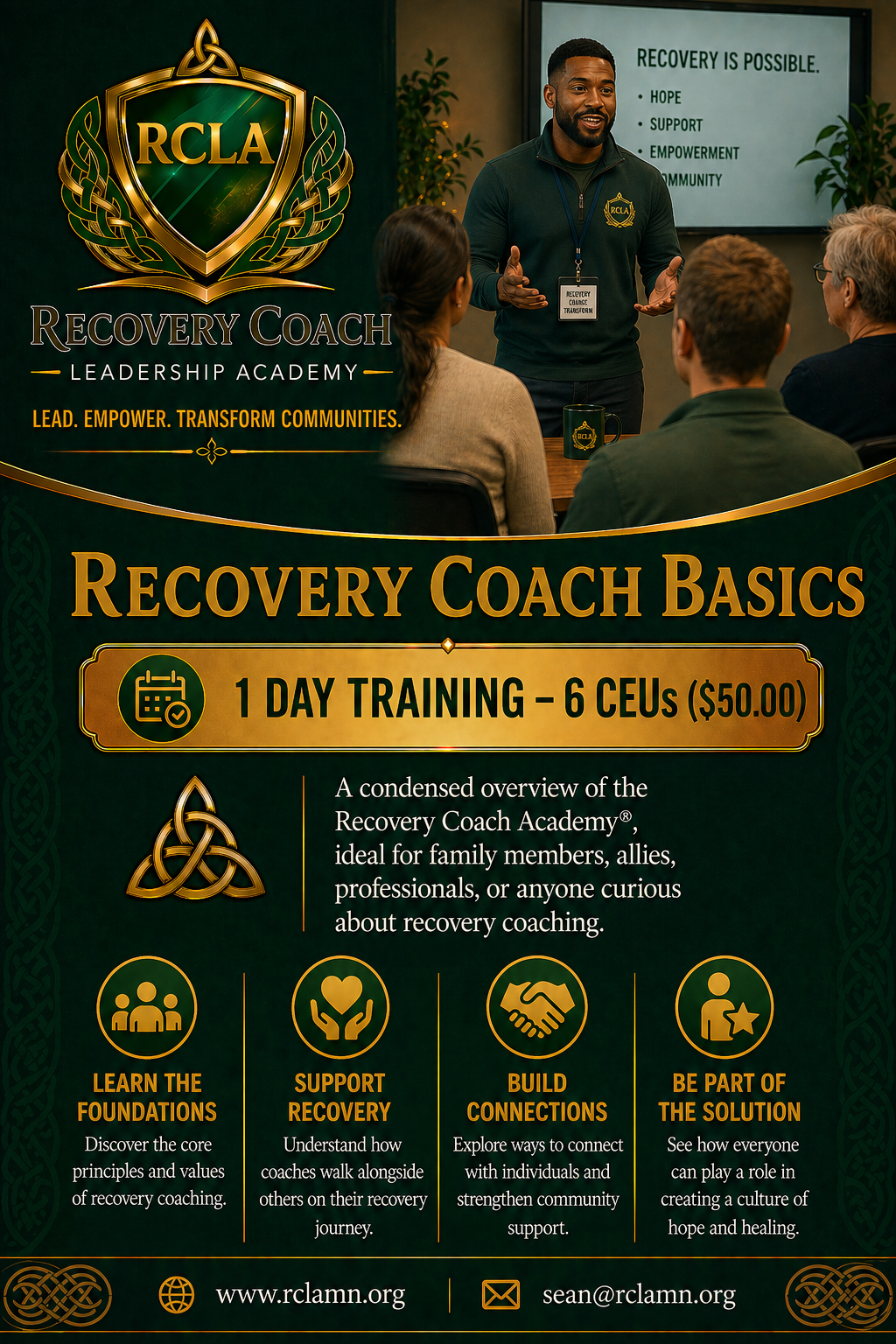 Poster advertising a one-day recovery coach basics training course, featuring a photo of a facilitator speaking to an audience, with event details and descriptions of core principles like learning foundations, supporting recovery, building connection