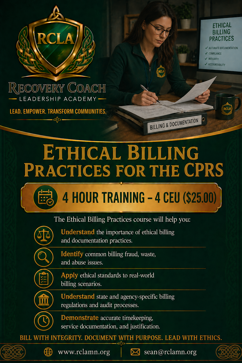 Poster advertising a 4-hour training course on ethical billing practices for the CPRS, priced at $25. The poster includes a photo of a woman with glasses reviewing documents at a desk, with the RCLA Leadership Academy logo and key course benefits lis