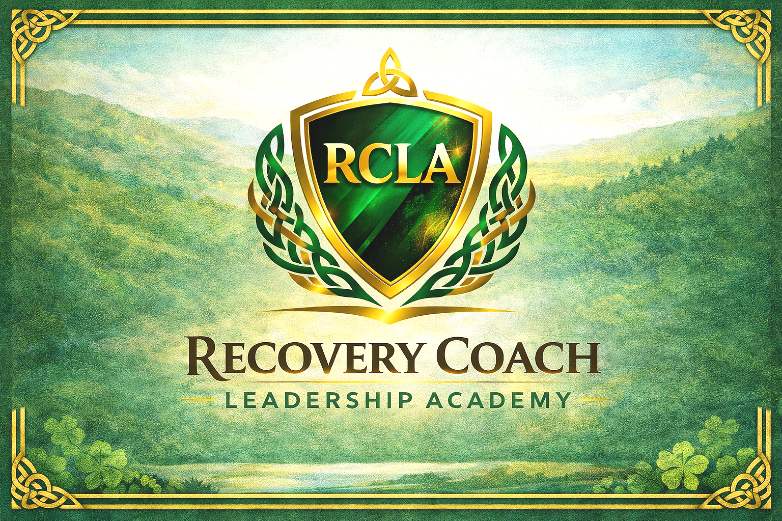 A logo for RCLA Recovery Coach Leadership Academy features a shield with green and gold colors, surrounded by an intricate Celtic knot border, set against a lush green landscape background.