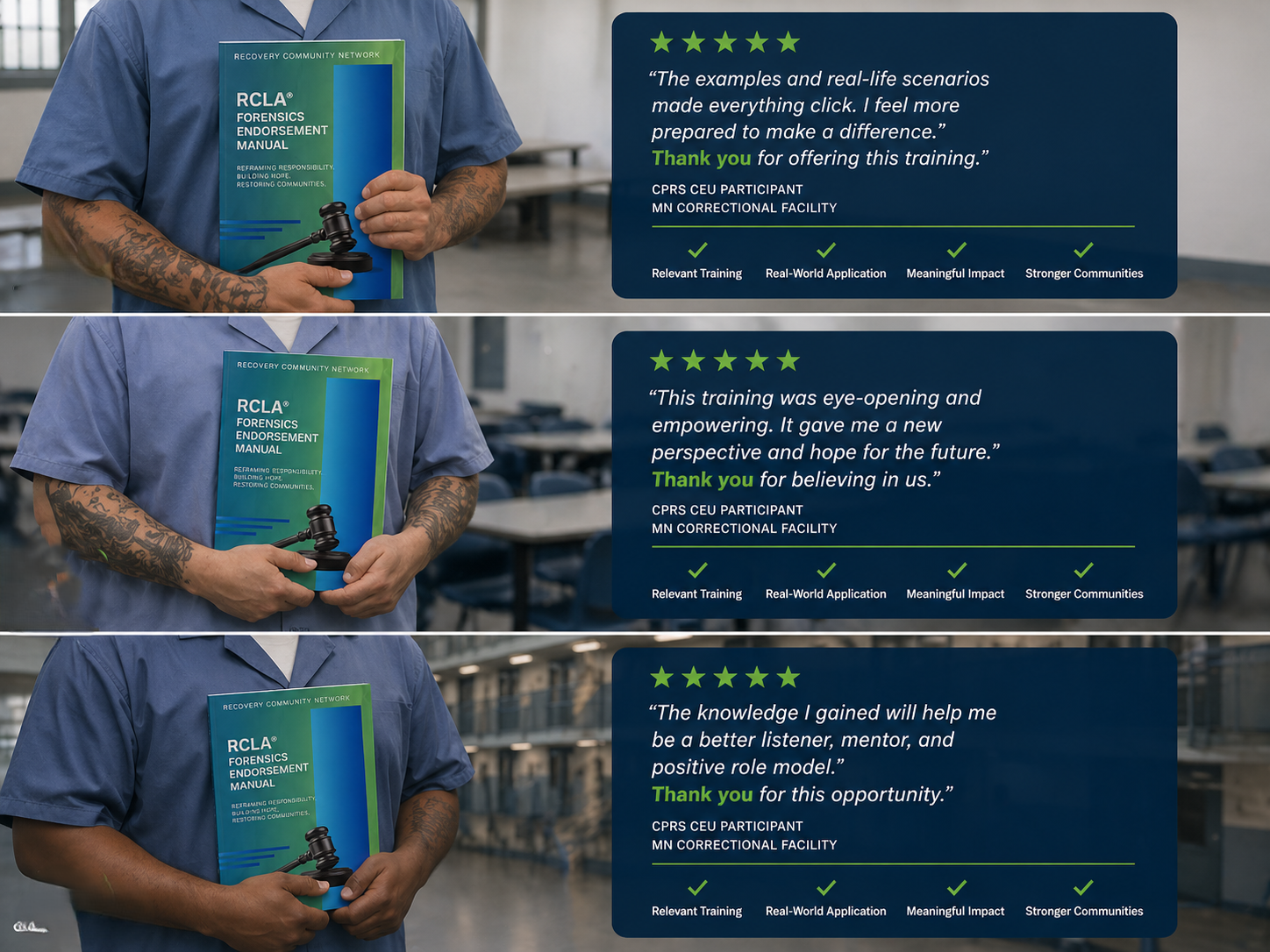 Three images of individuals in different uniforms holding a blue "RCLA Forensics Endorsement Manual," with a blue provided testimonial on the right side. The testimonials praise the training for being relevant, real-world, meaningful, and impactful, and express gratitude for the opportunity and knowledge gained.