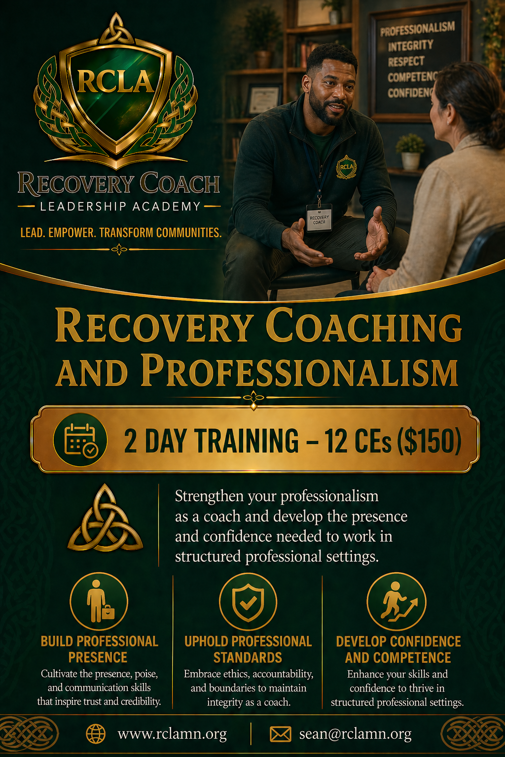 Promotional flyer for a Recovery Coaching and Professionalism training event, showing two people in conversation, with a focus on coaching, confidence, and professional standards.