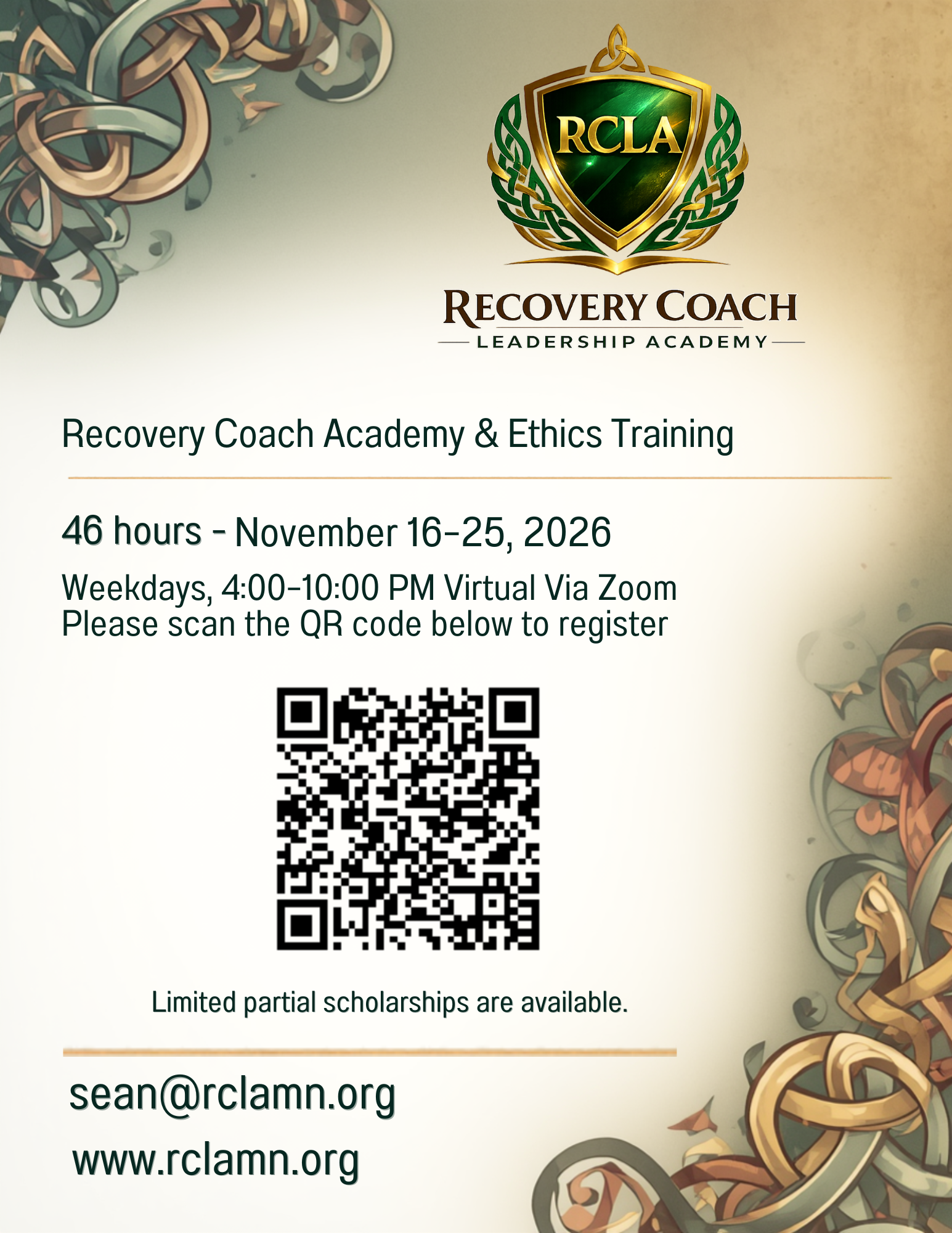 Event flyer for Recovery Coach Leadership Academy and Ethics Training, scheduled from November 16-25, 2026, conducted virtually via Zoom, with a QR code for registration and contact email sean@rclamn.org. The flyer features decorative swirling patterns in the corners.