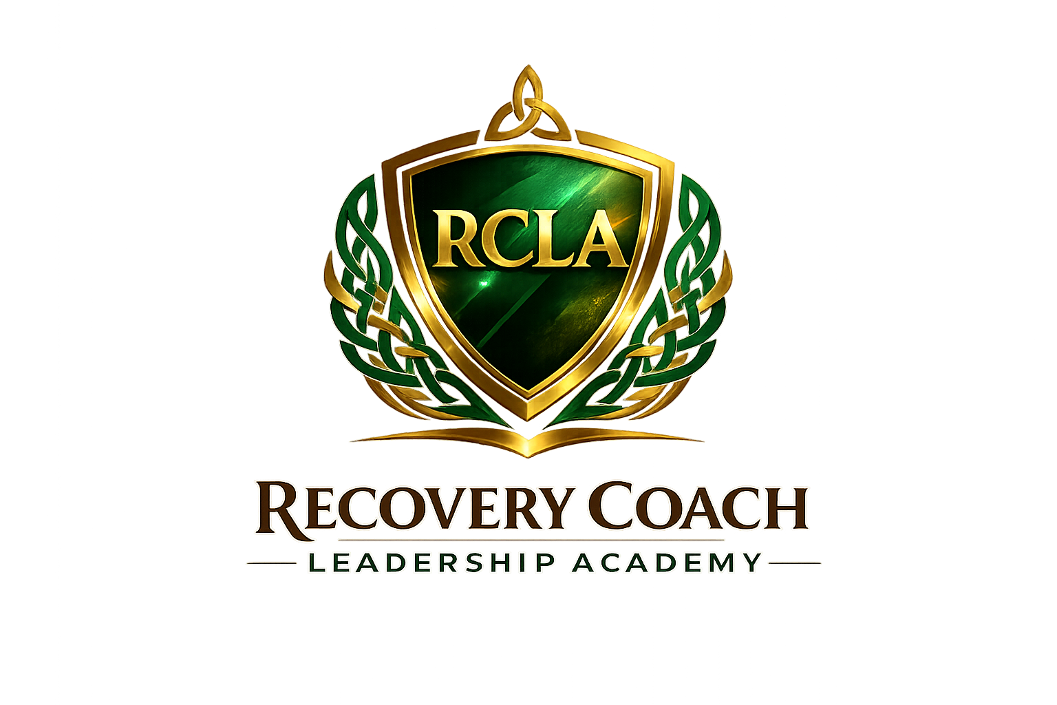 The logo of RCLA Recovery Coach Leadership Academy features a green shield with gold trim and the initials "RCLA" in gold, surrounded by green and gold laurel wreaths. Below the shield, the words "Recovery Coach" are written in brown, with "Leadership Academy" in green beneath it.