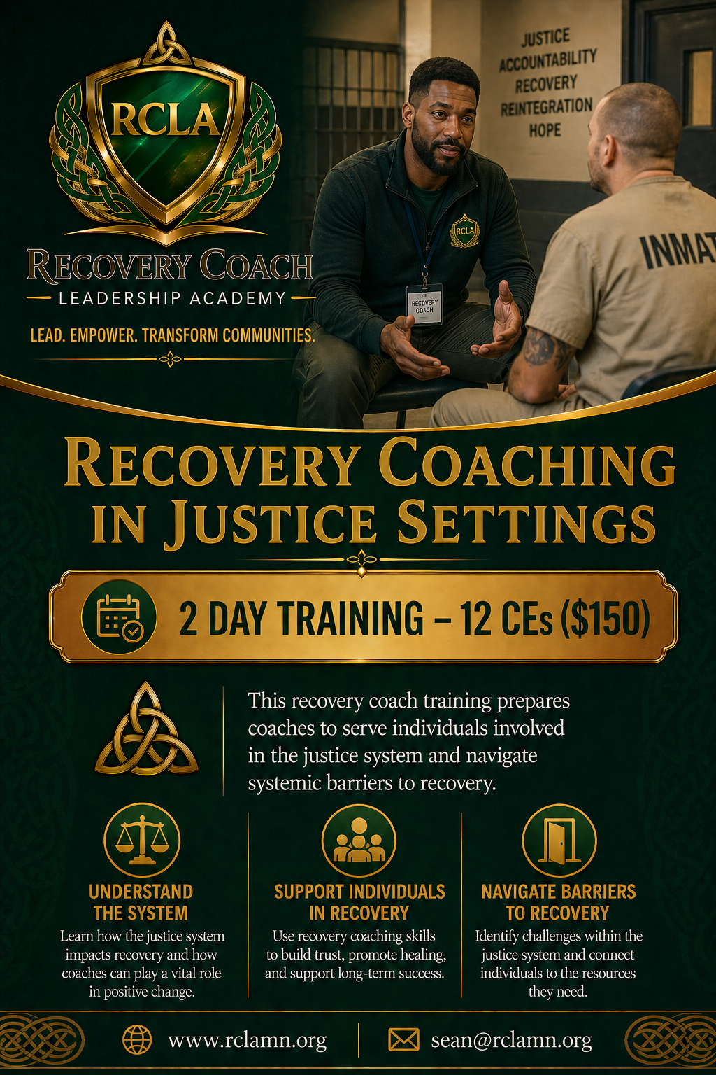 Poster advertising a two-day recovery coaching training for justice system professionals, featuring images of a coach speaking with an inmate and text about understanding the system, supporting individuals, and navigating barriers.