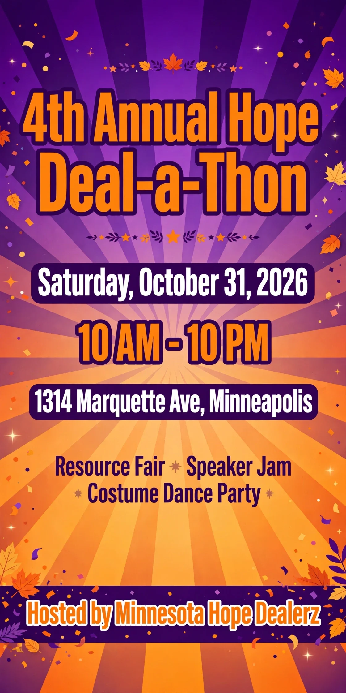 Flyer: 4th Annual Hope Deal-a-Thon, community celebration and fundraiser hosted by Minnesota Hope Dealerz