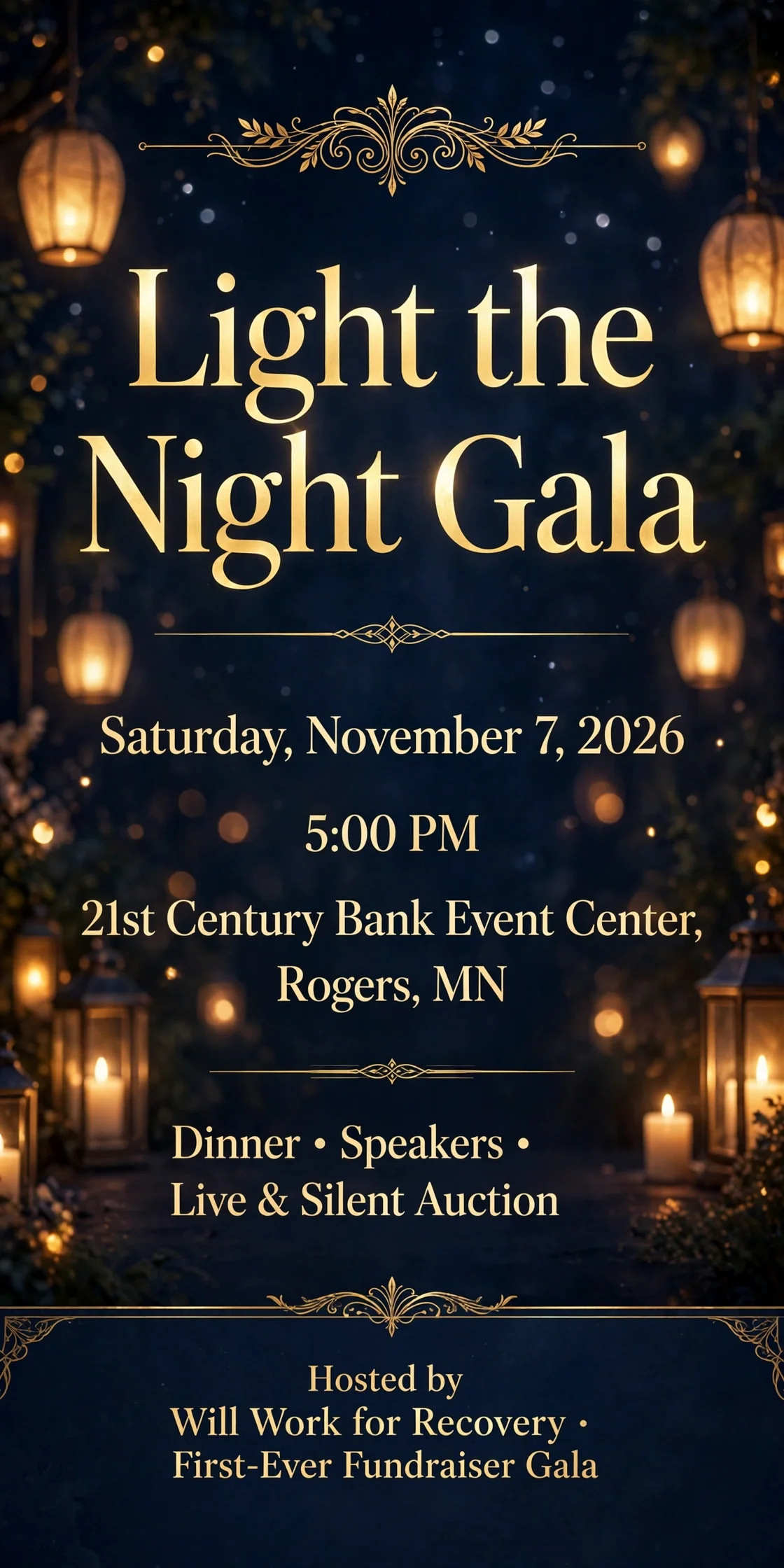Flyer: Light the Night Gala, fundraiser gala hosted by Will Work for Recovery