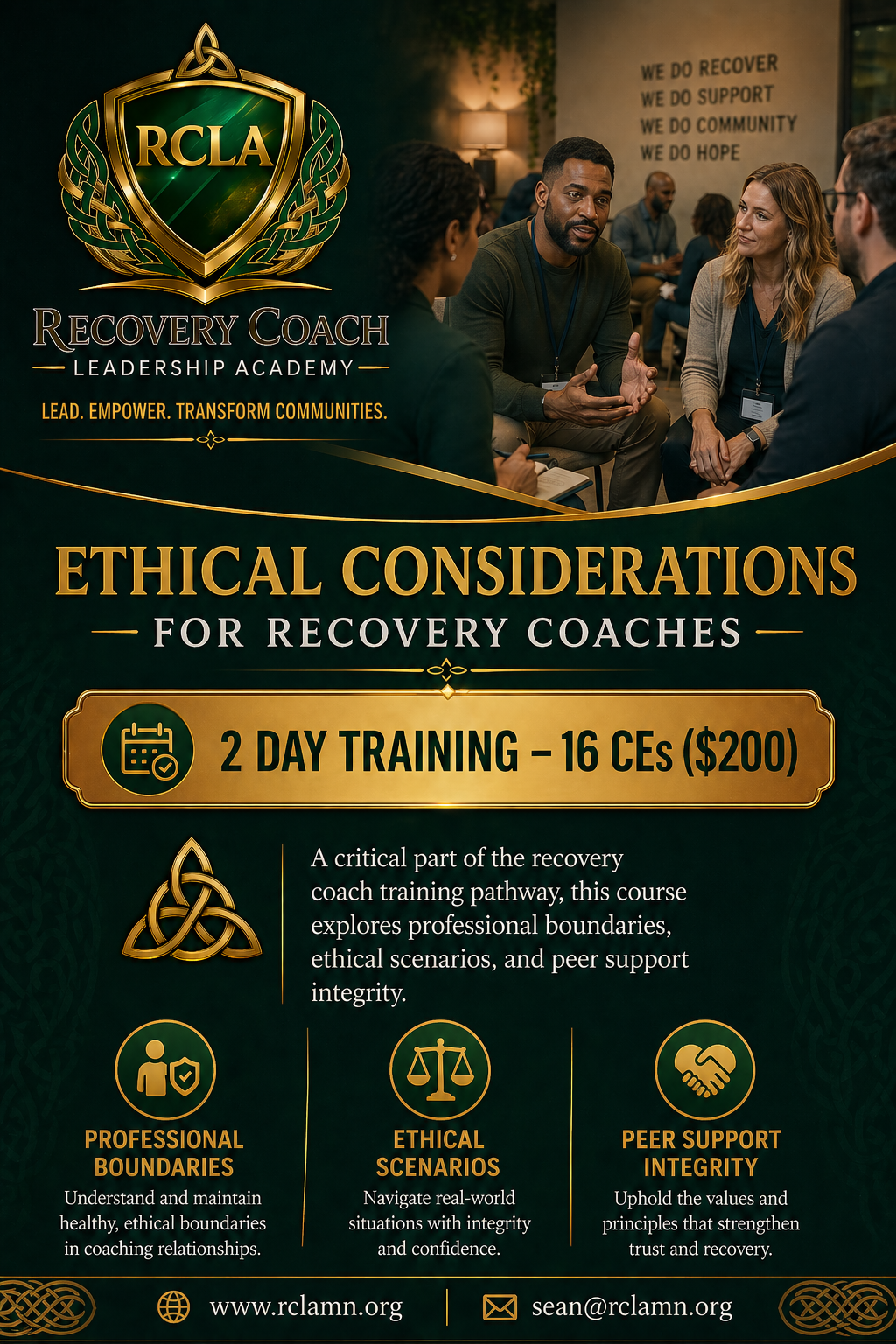 Poster for Recovery Coach Leadership Academy offering a 2-day training on ethical considerations for recovery coaches, priced at $200, featuring icons for professional boundaries, ethical scenarios, peer support integrity, and contact information.