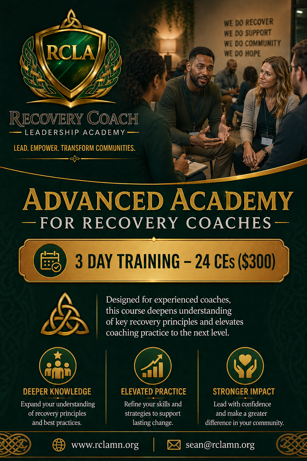 Poster advertising an advanced academy for recovery coaches, featuring a photo of diverse people in a discussion and details about the training program.
