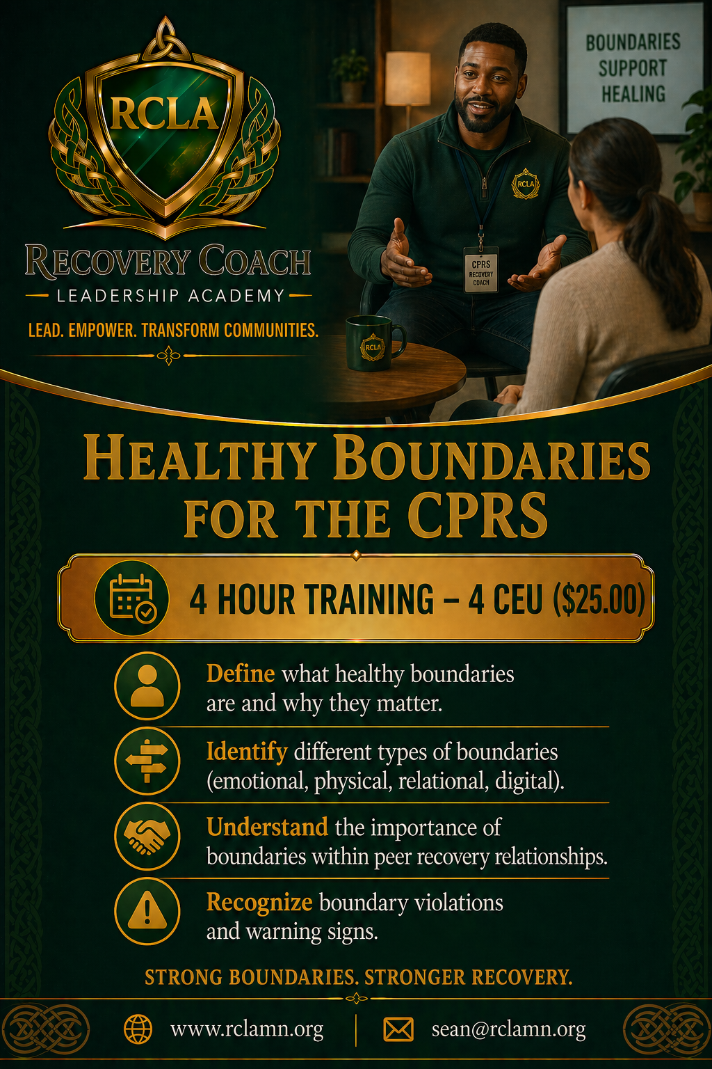 Promotional flyer for a CPR recovery coach training course. Features a man and woman in conversation, with a large RCLA logo, and information about a 4-hour training costing $25, emphasizing healthy boundaries for peer recovery.