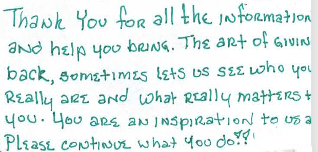 Handwritten note on white paper expressing gratitude and encouragement.