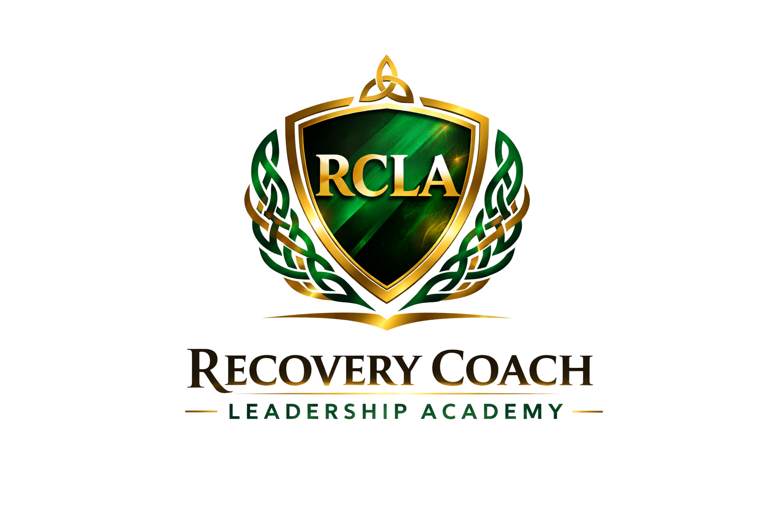 Logo of RCLA Recovery Coach Leadership Academy with a shield emblem, green and gold colors, and the text 'Recovery Coach Leadership Academy' beneath.