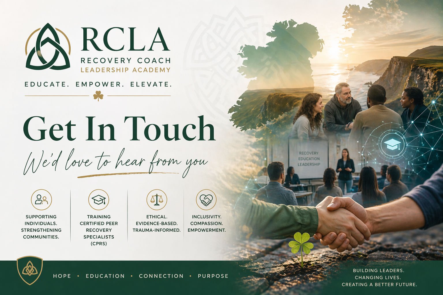 Promotional banner for RCLA Leadership Academy featuring images of people in a meeting, a handshake, and scenic Ireland landscape with cliffs, highlighting coaching and leadership themes.