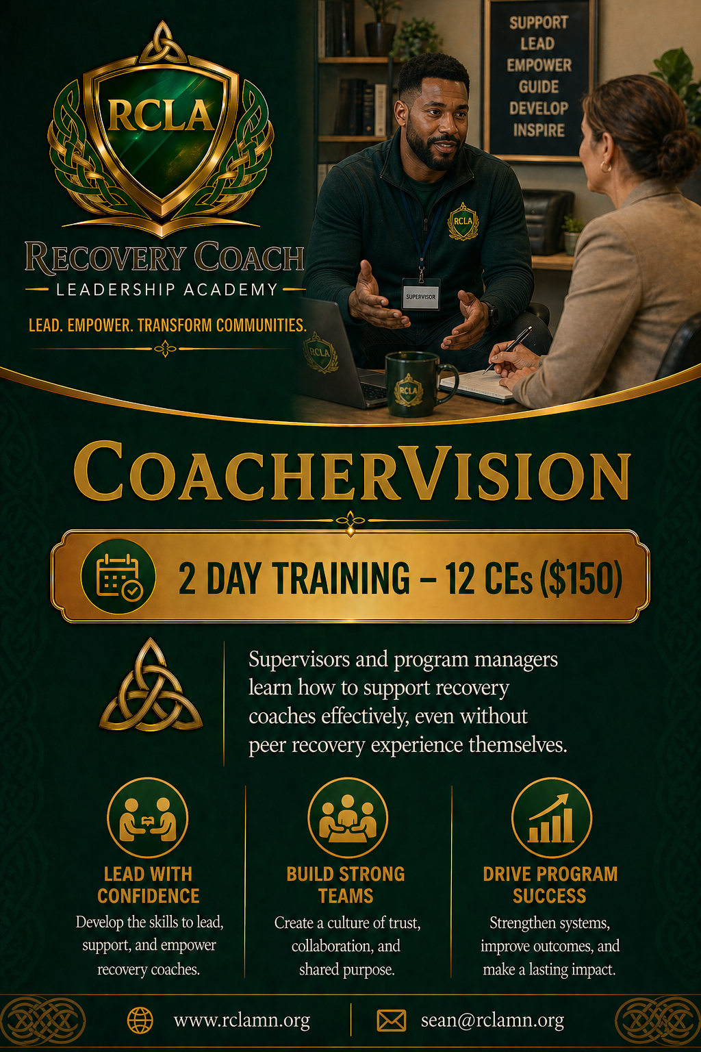 A man and a woman are having a discussion during a recovery coaching training session at RCLA Leadership Academy. The man is wearing a black hoodie with an RCLA badge and a lanyard, while the woman is in a beige blazer taking notes. The background sh