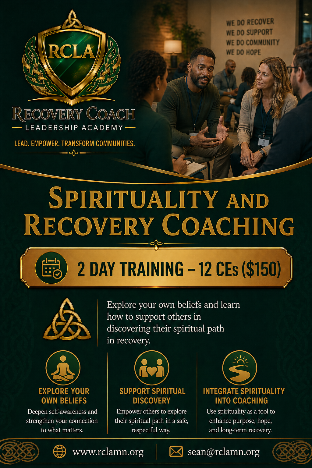 Poster advertising a two-day training course on spirituality and recovery coaching at the Recovery Coach Leadership Academy, with a photo of a group discussion and details on the program.