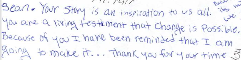 A handwritten note discussing inspiration and change, mentioning that the story is a living testament to change, and expressing gratitude for support.