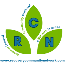 Recovery Community Network logo with three green leaves featuring a C, R, and N, and text around the leaves.