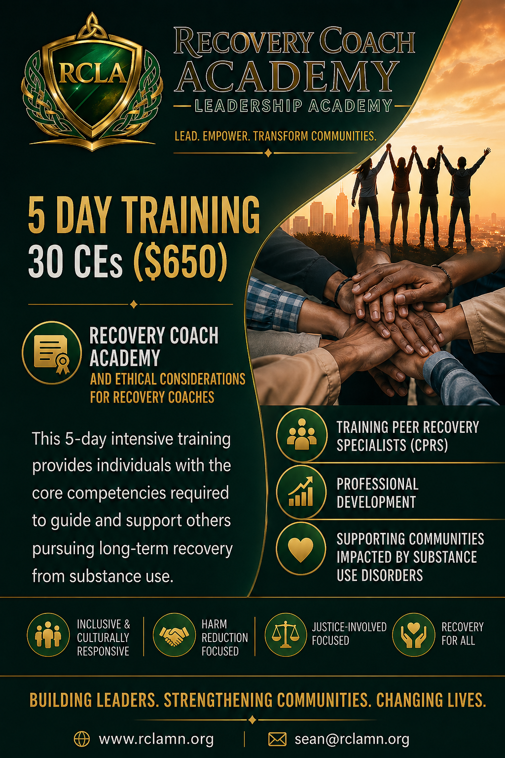 Poster advertising a 5-day Recovery Coach Academy training, including details about the curriculum, cost, and key themes like leadership, community support, and ethics.