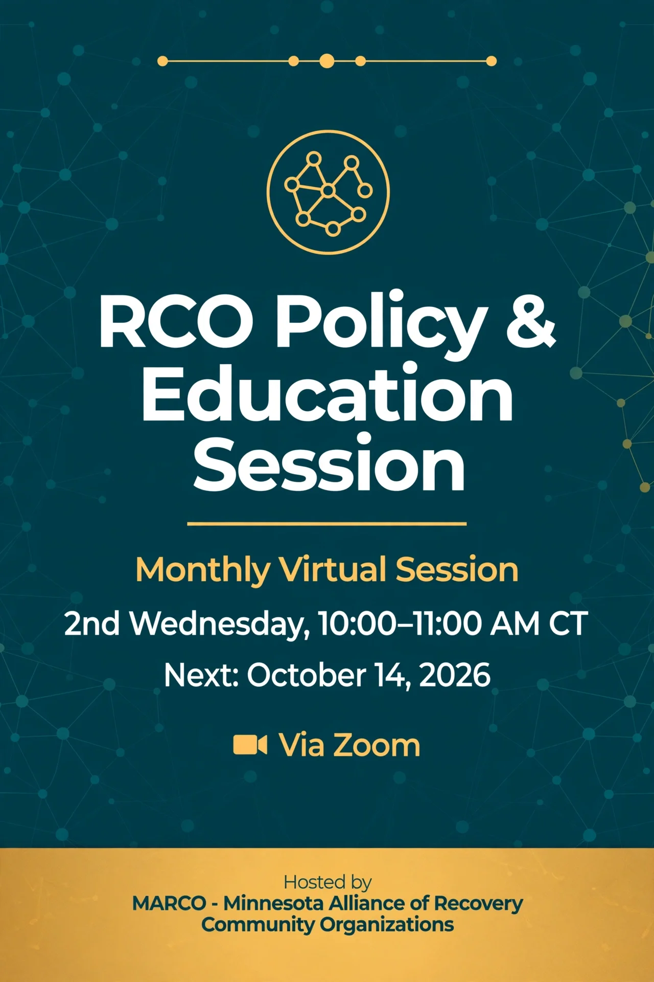 Flyer: MARCO RCO Policy and Education Session, monthly virtual session