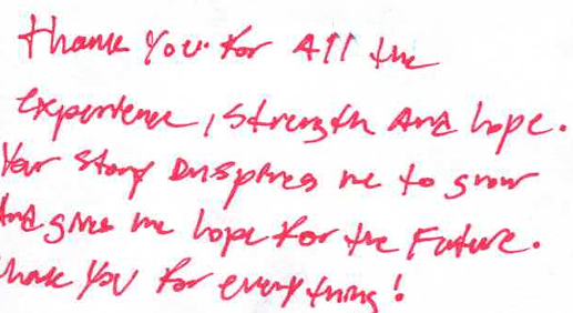 Handwritten note in red ink expressing gratitude for experience, strength, and hope, and for the future.