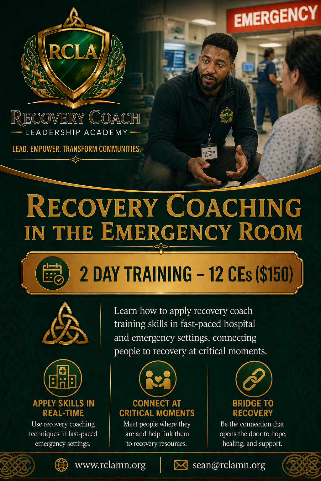 Poster advertising a 2-day training in recovery coaching in the emergency room, offered by the RCLA Leadership Academy, featuring a man wearing a black jacket talking to a woman, with medical staff and monitors in the hospital emergency room in the b