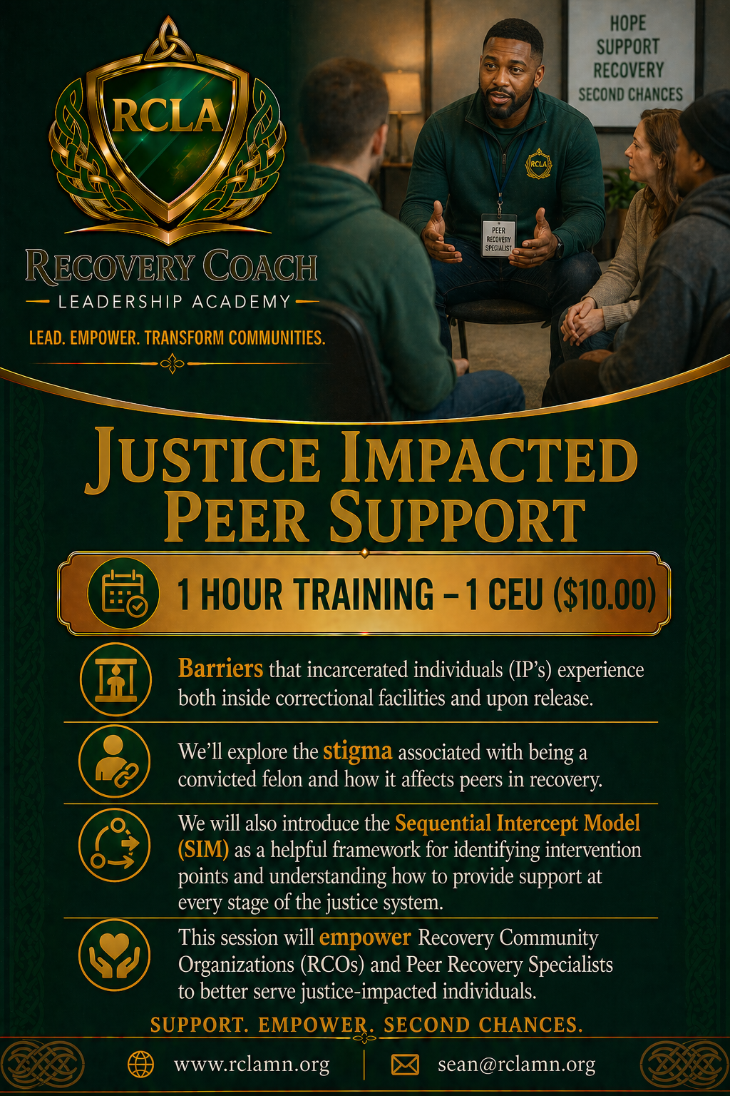 A flyer for a training session titled 'Justice Impacted Peer Support' organized by the RCLA Recovery Coach Leadership Academy. The flyer mentions a 1-hour training for 1 CEU costing $10, focusing on barriers faced by justice-impacted individuals, sti