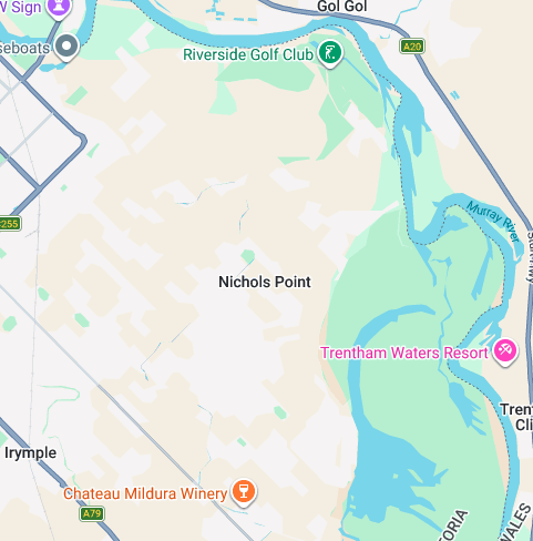 Map showing Nichols Point, Trentham Waters Resort, Riverside Golf Club, Chateau Mildura Winery, and surrounding areas near the Murray River, with roads and natural features.