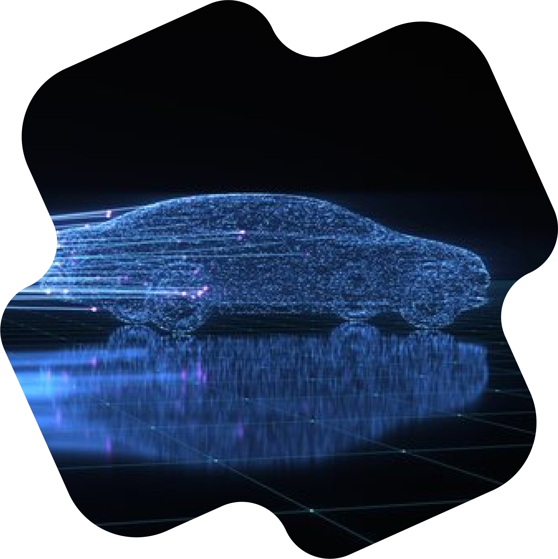 Silhouette numérique d'une voiture avec des effets lumineux bleus.