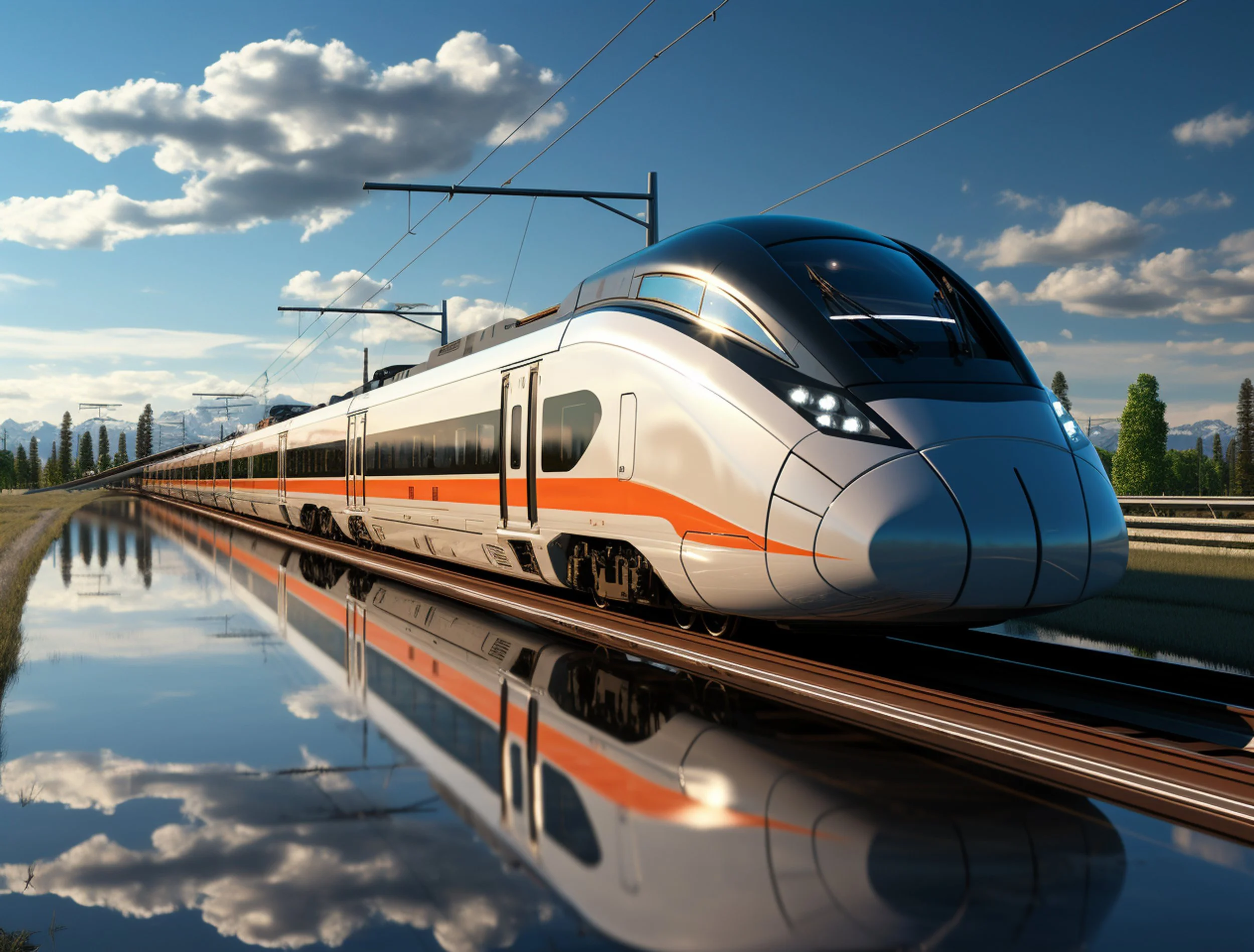 Train à grande vitesse sur une voie ferrée, reflet dans l'eau.