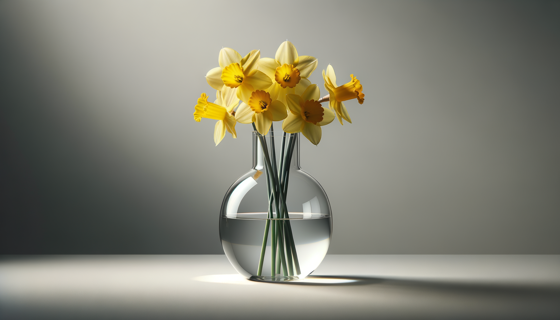 A clear glass vase with a rounded body and narrow neck, filled with water, holding a bouquet of yellow daffodil flowers with long green stems against a neutral background.