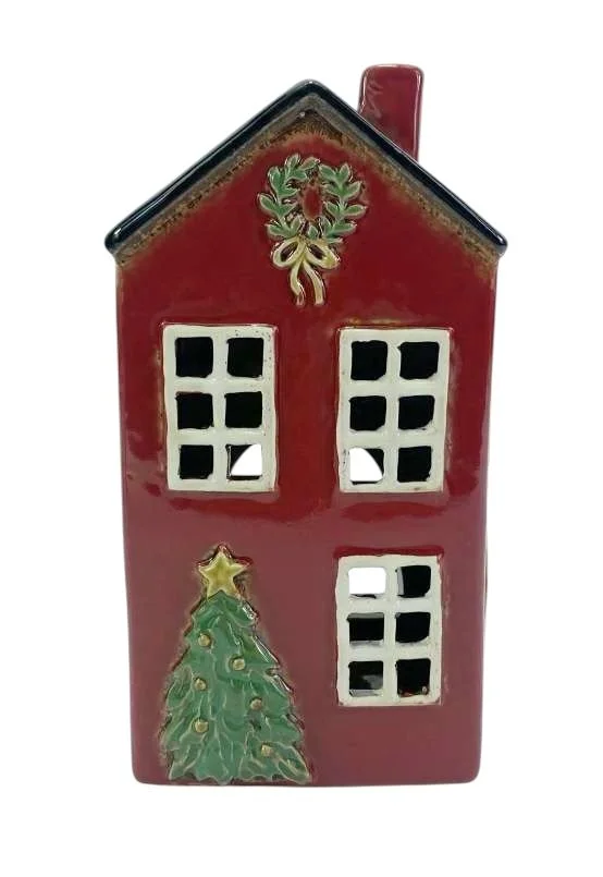 Christmas Red House with wreath and tree Tea Light