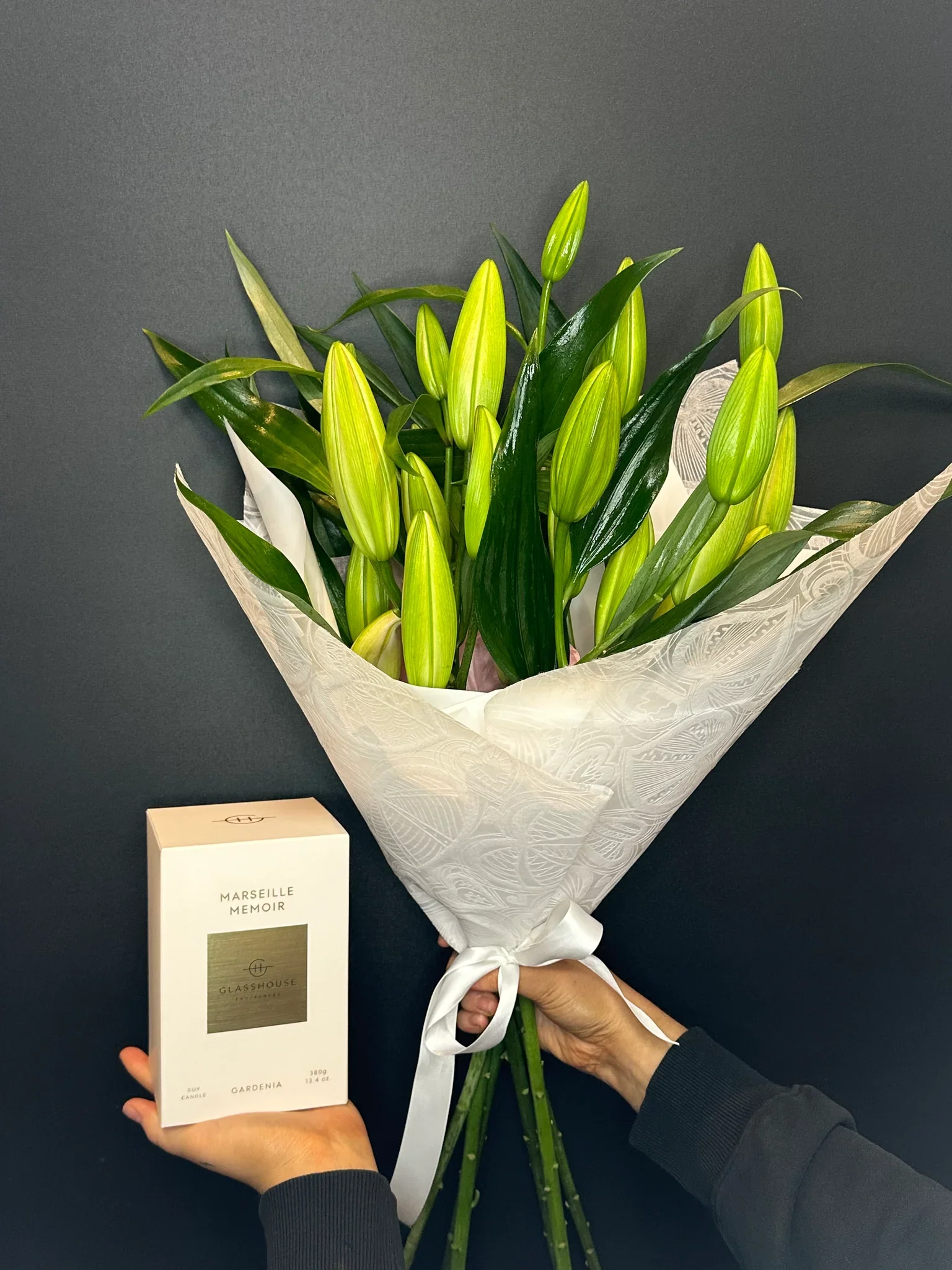 Oriental Lillies with Glasshouse Candle