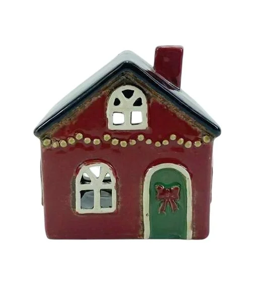 Christmas String lights and red bow Tea Light house
