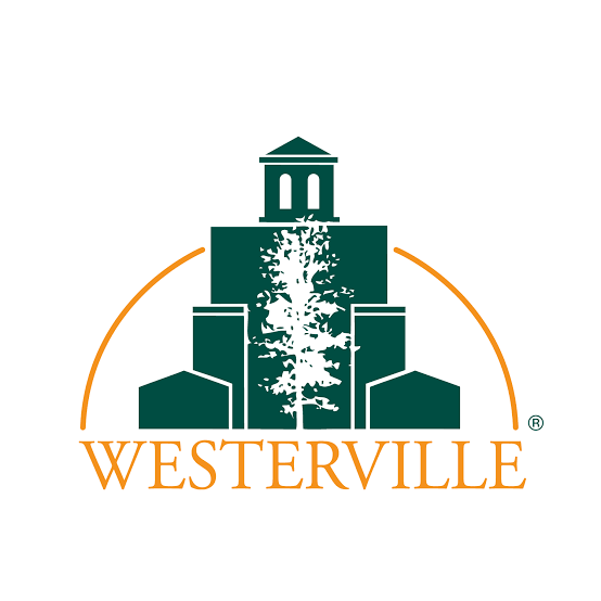 Logo for Westerville featuring a stylized building with a tree in the center and the word 'WESTERVILLE' below.