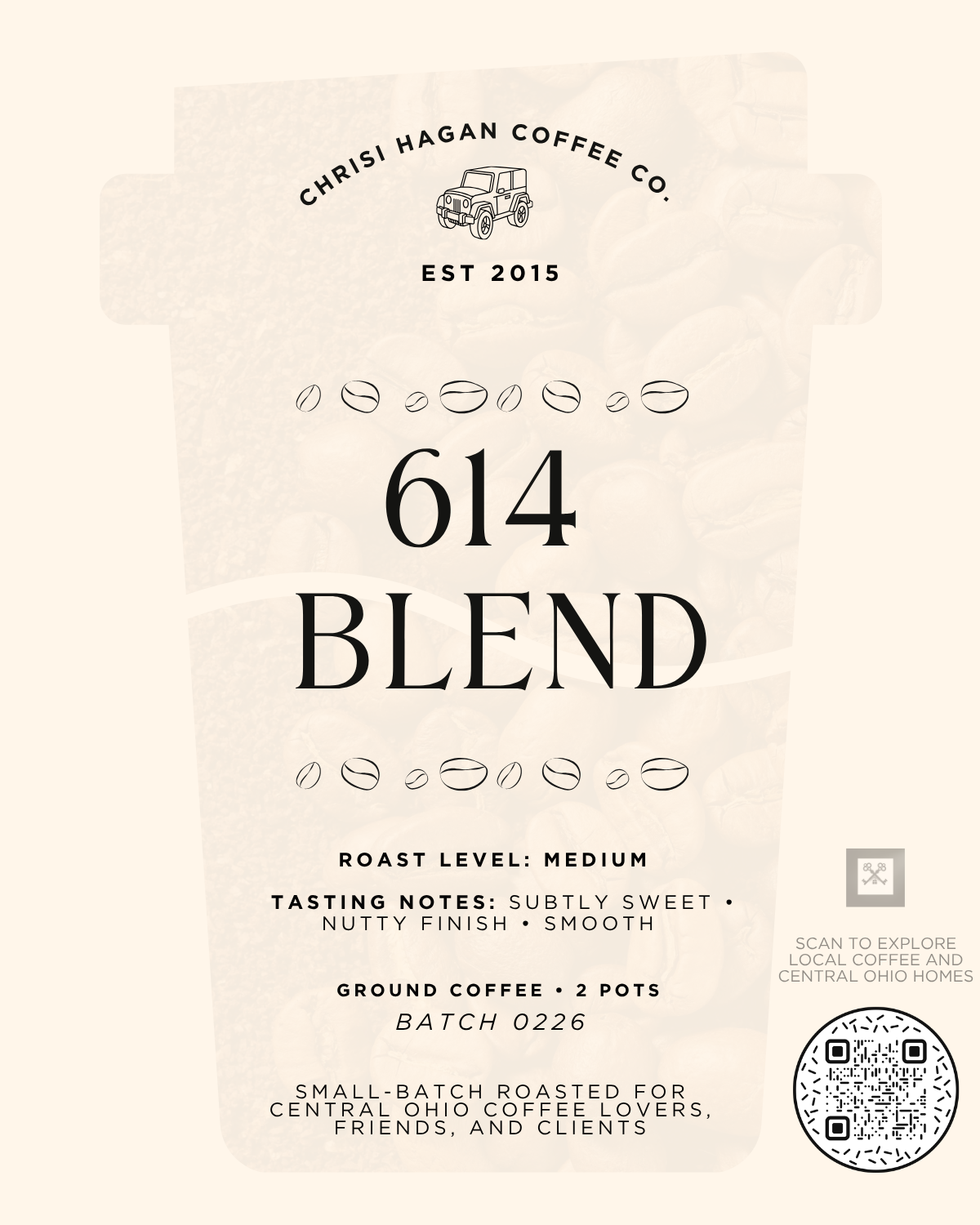 Coffee bag label for 614 Blend by Chrisi Hagan Coffee Co., established 2015, medium roast level, tasting notes include subtly sweet, nutty finish, and smooth, with ground coffee in two pots, batch number 0226, small batch roasted for Central Ohio coffee lovers, friends, and clients.
