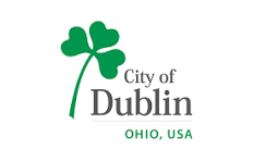 Logo of the City of Dublin, Ohio, USA, featuring a green shamrock and text.