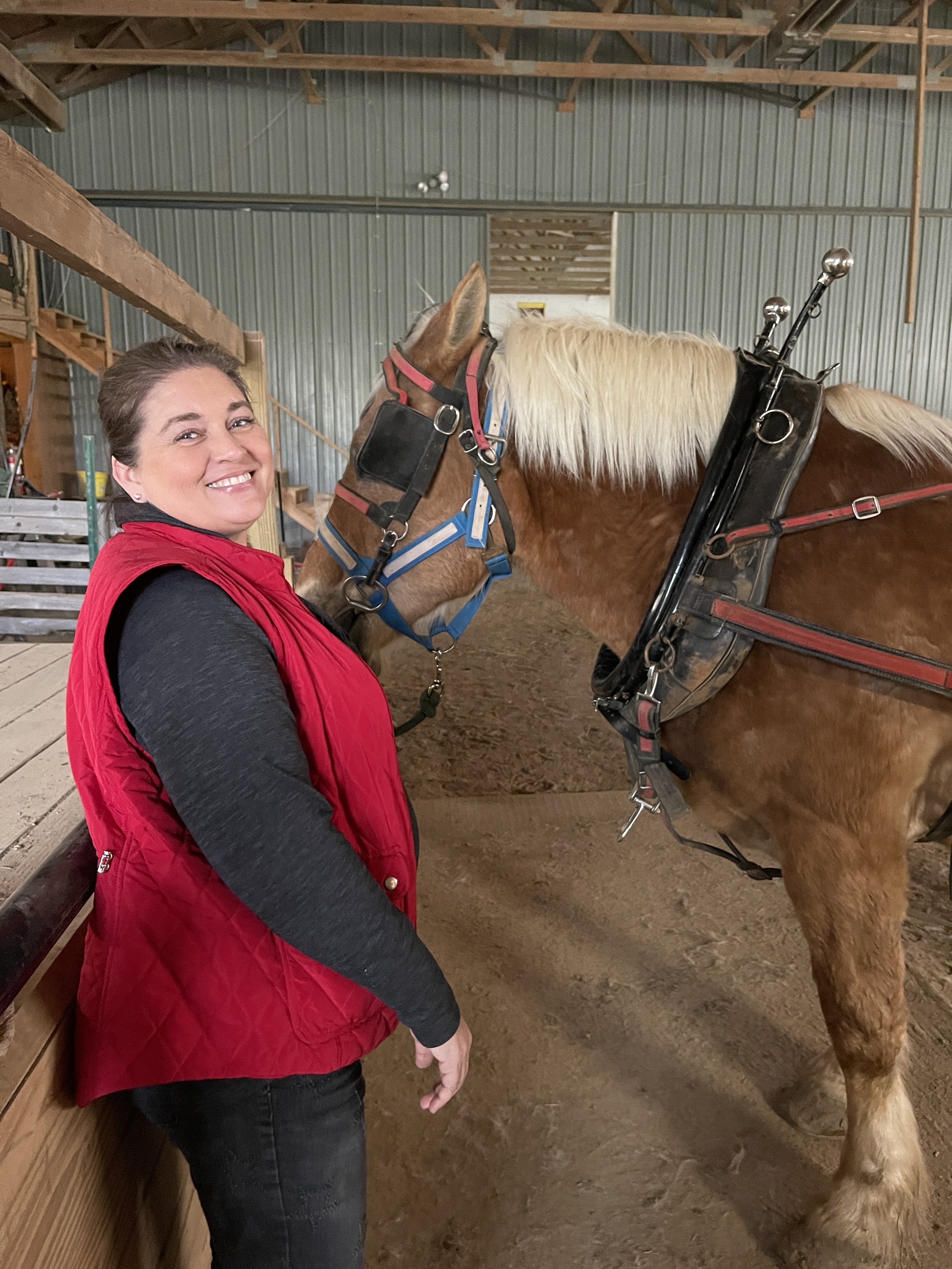 A woman smiling standing next to a brown horse with a blonde mane in a stable. The woman is wearing a black shirt and a red vest. The stable has wooden walls and metal roofing, with some stairs and tools visible in the background.