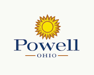 Powell, Ohio logo with a yellow sun icon above the text